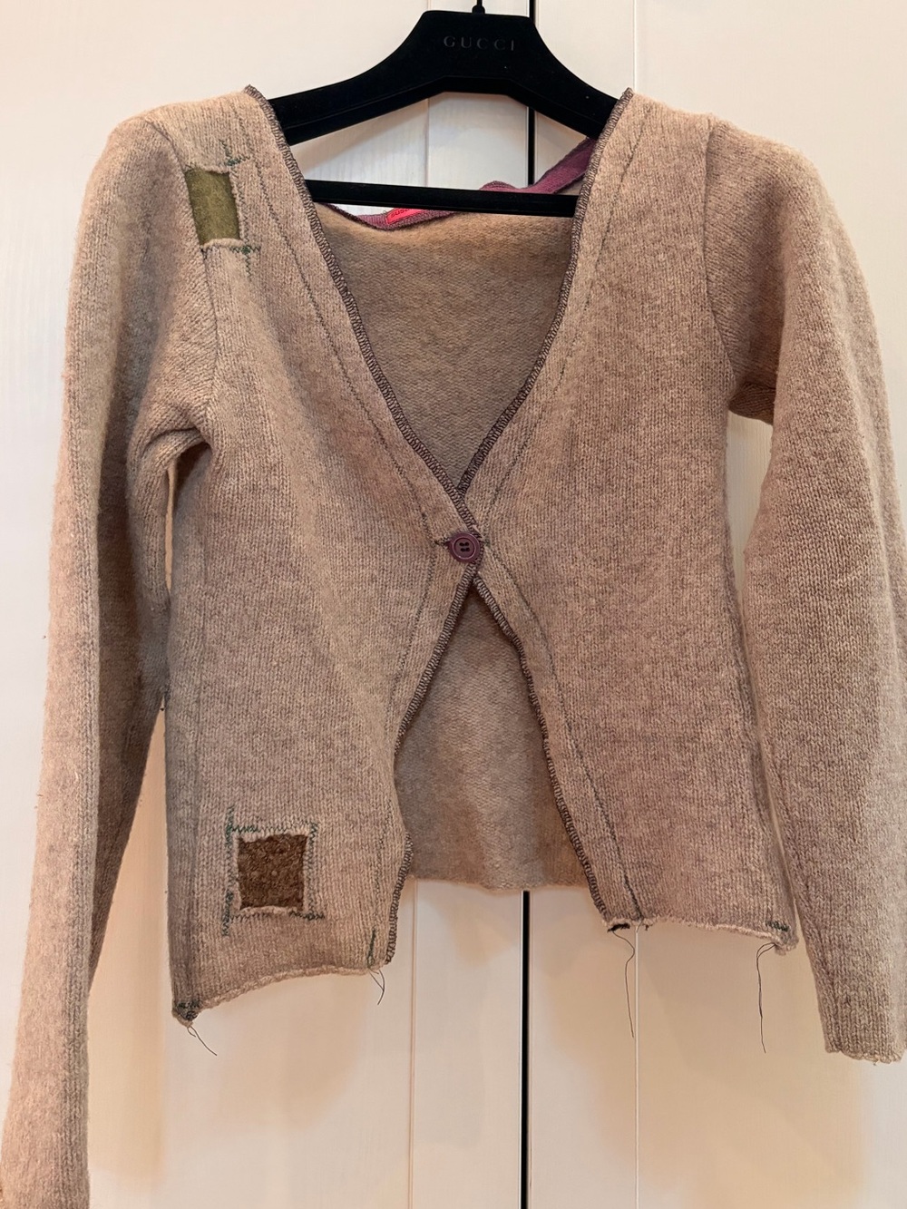 Womens Beige Patch-Detail V-Neck Cardigan Sweater